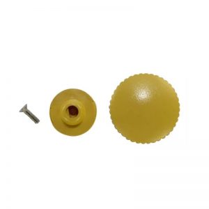 A yellow plastic scalloped push button knob, shown in three parts—screw, base, knob top—compatible with Nichiryo Nichipet Premium 20μL, 100μL, and 200μL models.