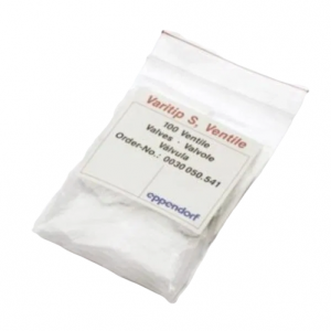 A clear plastic bag labeled with product info and order number, containing 100 Eppendorf Maxipettor Maxitip S Valves—compatible with Maxipettor and Maxitip S systems.