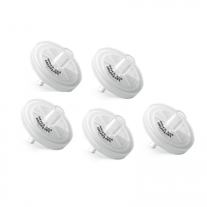 Five Easypet 3 Membrane Filters (PTFE, 0.45µm, Non-Sterile, 5pcs, Sartorius) are arranged in a scattered pattern on a white background.