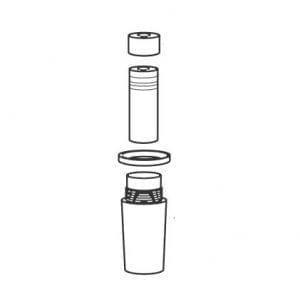 Line drawing of the Original Pipet-Aid Controller, Complete Standard Nosepiece (Drummond), showing four components in an exploded view: cap, inner cylinder, Standard Nosepiece ring, and main body.