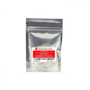 A sealed plastic pouch contains Drummond TC Replacement Filters, 0.8 µm, Non-Sterile, 5 Pack (Drummond), with a red and white label displaying product details and usage instructions.