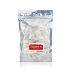 A sealed clear and silver bag contains multiple non-sterile Drummond TC Replacement Filters, 0.8µm, 50 Pack (Drummond), featuring a red and white label on the front.