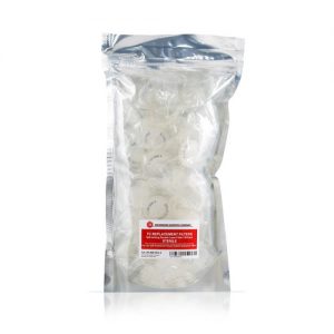 A clear resealable plastic bag contains multiple white Drummond TC Replacement Filters, 0.8µm, sterile, 50 pack, with a red and white product label on the front.