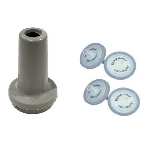 4-000-087-G A gray Drummond Pipet-Aid EZ Grip Nosepiece Kit, TC, with 4 filters is shown; the cylindrical device is on the left and four round filters are on the right.
