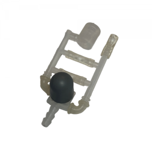 The Pipet Helper Valve Unit (Eppendorf) is a small plastic assembly with three connected pieces, including a black rounded component, shown on a white background.