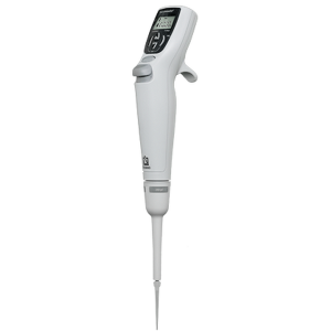 The Transferpette Electronic Pipette, Single Channel, 0.5-10μL with AC charger (BrandTech) features a digital display and buttons for precise liquid measurement in laboratory settings.