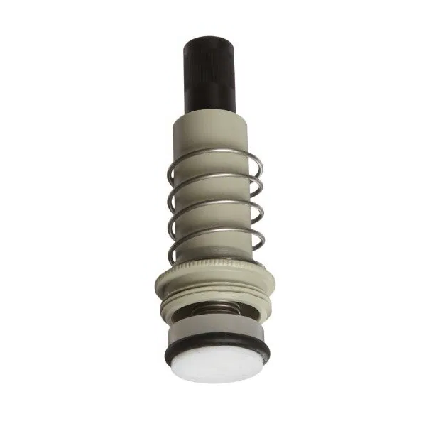 705526 A close-up of the Transferpette Electronic Piston Unit, Single Channel, 250-5000μL (BrandTech), shows its coil spring, threaded section, and white circular end against a white background.