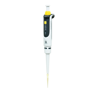 The Transferpette S Pipette, Single Channel, Adjustable Volume, D-20 (2-20μL) by BrandTech features a yellow volume control dial and a plastic tip, shown here against a plain white background.