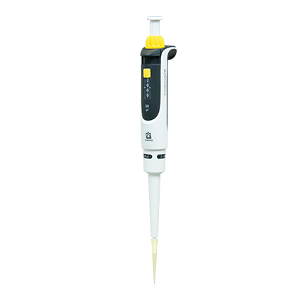 The Transferpette S Pipette, Single Channel, Adjustable Volume, D-20 (2-20μL) by BrandTech features a yellow volume control dial and a plastic tip, shown here against a plain white background.