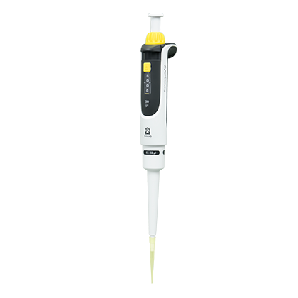 The Transferpette S Pipette, Single Channel, Adjustable Volume, D-50 (5-50μL, BrandTech), features a digital display and yellow control button for precise liquid measurement and transfer.