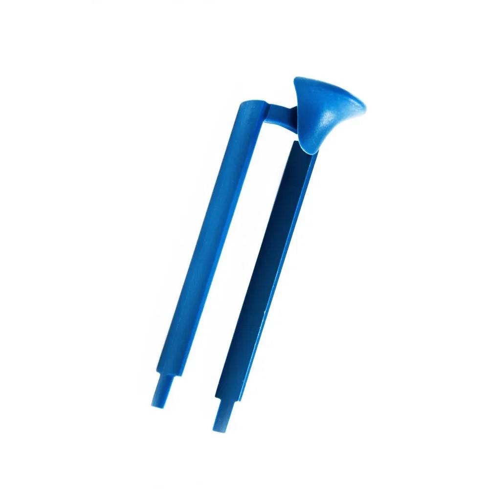 The mLINE Tip Ejector, All Volumes, Blue (Sartorius), is a blue plastic tool with two prongs and a funnel-shaped end, shown on a white background.