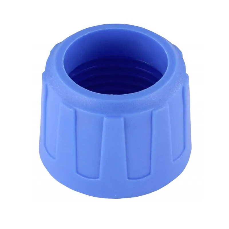 A blue plastic threaded cap with vertical ridges, showing the open end and inner threading—Labnet Shaft Nut, Blue, Older Version, for 2μL, 10μL, 20μL, 100μL, 200μL, and 1000μL Labnet pipettes.