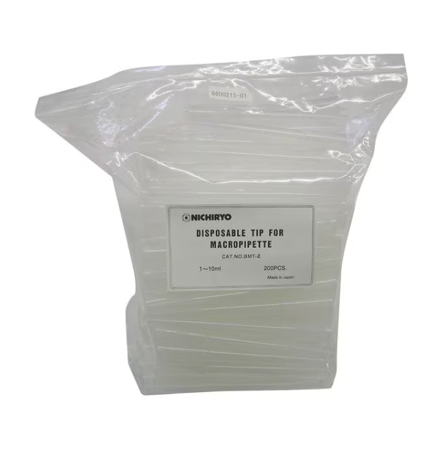 BI BMT-Z A clear bag contains 200 Nichiryo Bulk Tips for Macro Volume 10mL macropipettes, each tip is clear and labeled with product info.