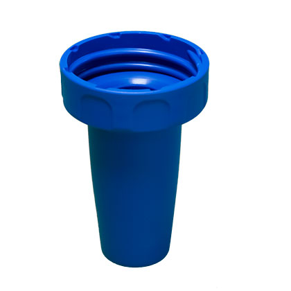 The accu-jet / accu-jet pro Adapter Housing Support (PP), Dark Blue by BrandTech, is a plastic threaded support with a wide top opening and a tapered cylindrical shape.