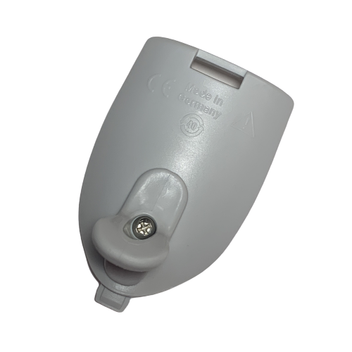 BT 3220 Back view of the Transferpette Electronic, Battery Cover (BrandTech), grey plastic with a central screw and "Made in Germany" embossed.