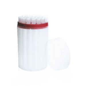 The BrandTech Tip Box, Non-Sterile, 5mL, holds 28 tips. It's a white cylindrical plastic box with a red rim and comes with a clear detachable lid placed beside it.
