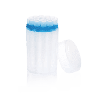 The BrandTech Tip Box, Non-Sterile, holds 18 x 10mL tips in a translucent plastic box with a blue rack and removable white lid. Designed for general laboratory use.