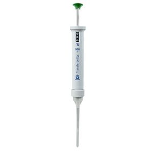 The Transferpettor Positive Displacement Pipette, Green, 100-500μL (BrandTech) is a white adjustable pipette with a green push button, ideal for precise liquid measurement and transfer in laboratory settings.
