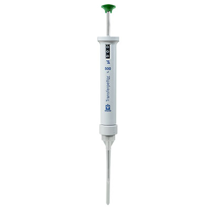 BT 702804 The Transferpettor Positive Displacement Pipette, Green, 100-500μL (BrandTech) is a white adjustable pipette with a green push button, ideal for precise liquid measurement and transfer in laboratory settings.