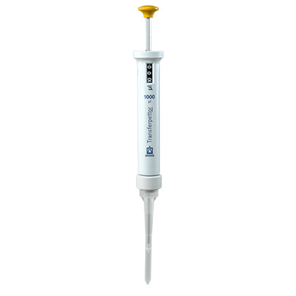 BT 702806 The BrandTech Transferpettor Positive Displacement Pipette, yellow, 200-1000μL, is shown vertically.