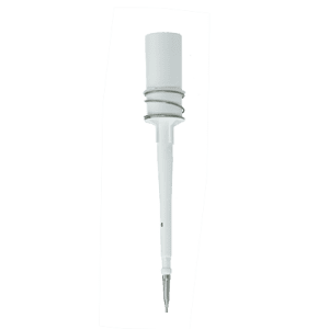 A BrandTech Transferpette S Shaft with Ejector Spring, Single Channel, 0.1-2.5μL (older version) laboratory pipette stands upright on a plain white background.
