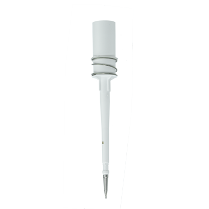 A BrandTech Transferpette S Shaft with Ejector Spring, Single Channel, 0.1-2.5μL (older version) laboratory pipette stands upright on a plain white background.