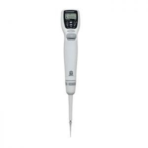 The Transferpette Electronic Pipette, Single Channel, 0.5-10μL with AC charger (BrandTech), features an LCD display and control buttons for precise liquid measurement and transfer in laboratories.