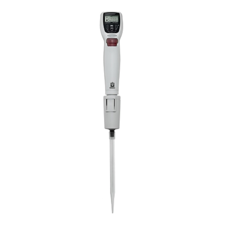 The Transferpette Electronic Pipette by BrandTech is a single channel pipette (0.5-10μL) with digital controls and display, designed for precise liquid handling; includes an AC charger.