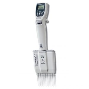The Transferpette Electronic Pipette, 8 Channel, 0.5-10μL (BrandTech) features an LCD screen and enables precise multichannel liquid handling for laboratory tasks in the 0.5-10μL range.