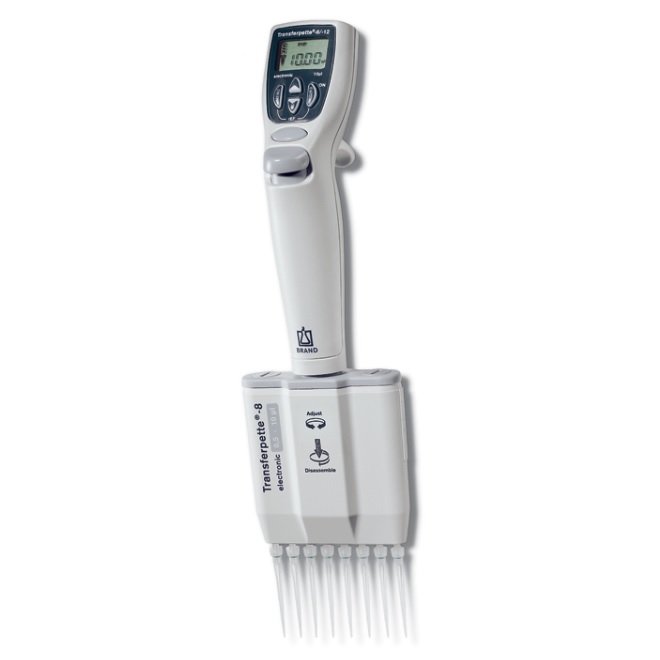 The Transferpette Electronic Pipette, 8 Channel, 0.5-10μL (BrandTech) features an LCD screen and enables precise multichannel liquid handling for laboratory tasks in the 0.5-10μL range.