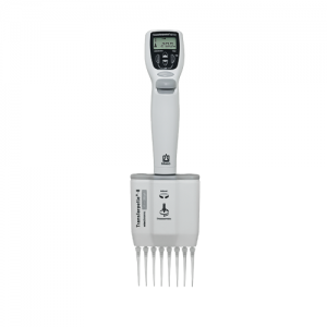 The Transferpette Electronic Pipette, 8 Channel, 1-20μL (BrandTech) features an LCD display and control buttons for precise liquid measurement in labs. Shown against a white background.