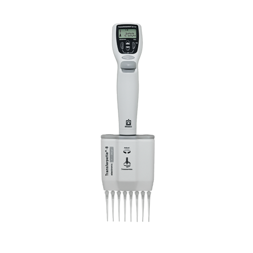 The Transferpette Electronic Pipette, 8 Channel, 1-20μL (BrandTech) features an LCD display and control buttons for precise liquid measurement in labs. Shown against a white background.
