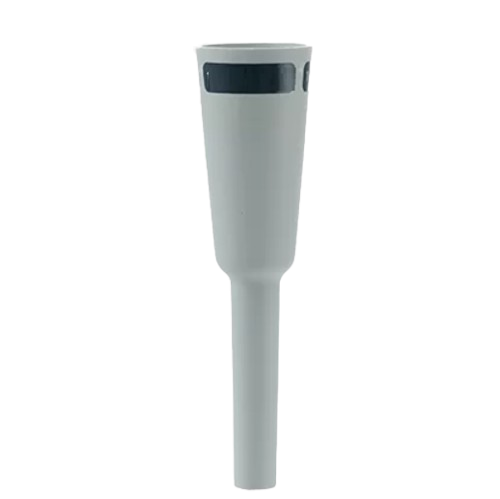 The Transferpette Electronic Ejector Lower Part, Single Channel, 1000μL (BrandTech) is a gray cylindrical pipette with a tapered base and black band near the top, shown on a plain white background.