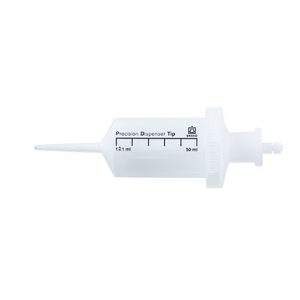 A non-sterile white plastic PD-Tip II Precision Dispenser Tip by BrandTech for 50mL systems, with measurement markings, pointed nozzle, and threaded base; sold as a pack of 25 tips.