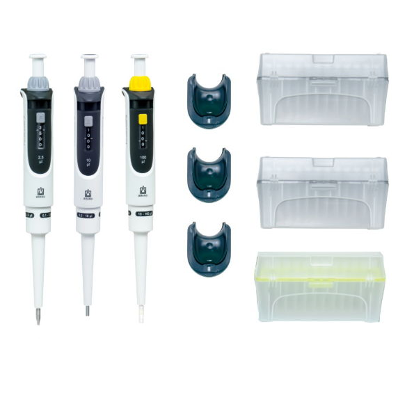 BT 705890 The Micro Starter Kit (BrandTech) includes three adjustable Transferpette S Pipettes (0.1-2.5μL, 0.5-10μL, 10-100μL), three pipette holders, and three boxes of tips