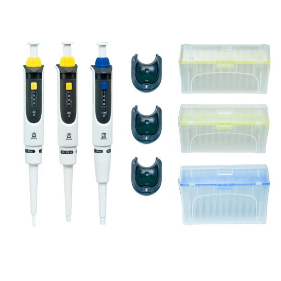 BT 705891 The Transferpette S Mid-Size Starter Kit (BrandTech) includes three adjustable pipettes (2-20μL, 20-200μL, 100-1000μL), three holders, and three boxes of tips