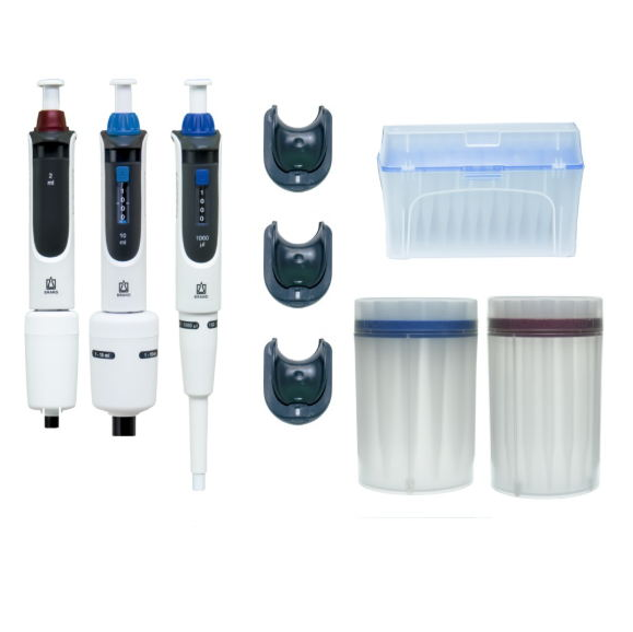 BT 705892 The BrandTech Transferpette S Macro Starter Kit (100-1000μL, 0.5-5mL, 1-10mL) with adjustable-volume pipettes, stands, tip racks
