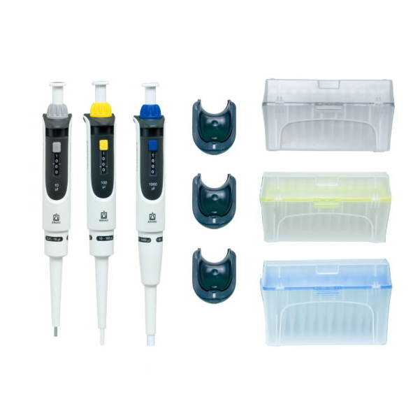 BT 705893 The Transferpette S Pipettes Standard Starter Kit (BrandTech) includes adjustable 0.5-10μL, 10-100μL, and 100-1000μL pipettes, pipette holders, and pipette tips