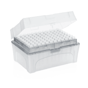A transparent plastic box with an open lid holds a grid of capped BrandTech Tip-Refill, Non-Sterile, Grey, 0.1-20μL nano-cap tips (10x96, 960 tips), ideal for lab organization.
