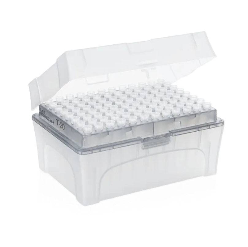 BT 732202 Rack Grey A transparent plastic box with an open lid holds a grid of capped BrandTech Tip-Refill, Non-Sterile, Grey, 0.1-20μL nano-cap tips (10x96, 960 tips), ideal for lab organization.