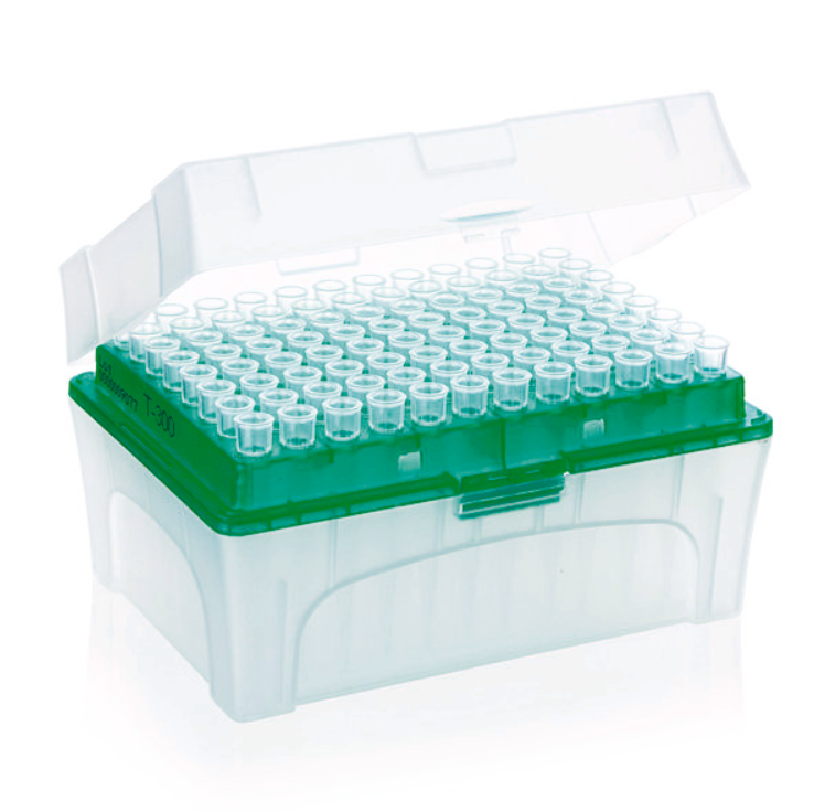 The BrandTech Tip-Box 5-300μL pipette tips in a green rack