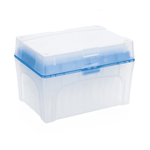 BrandTech BIO-CERT TipBox, Filtered, Sterile, Blue lid, 50-1000μL, 960 tips—rectangular storage box with latch closure, ideal for organizing sterile pipette tips. Shown on a plain white background.