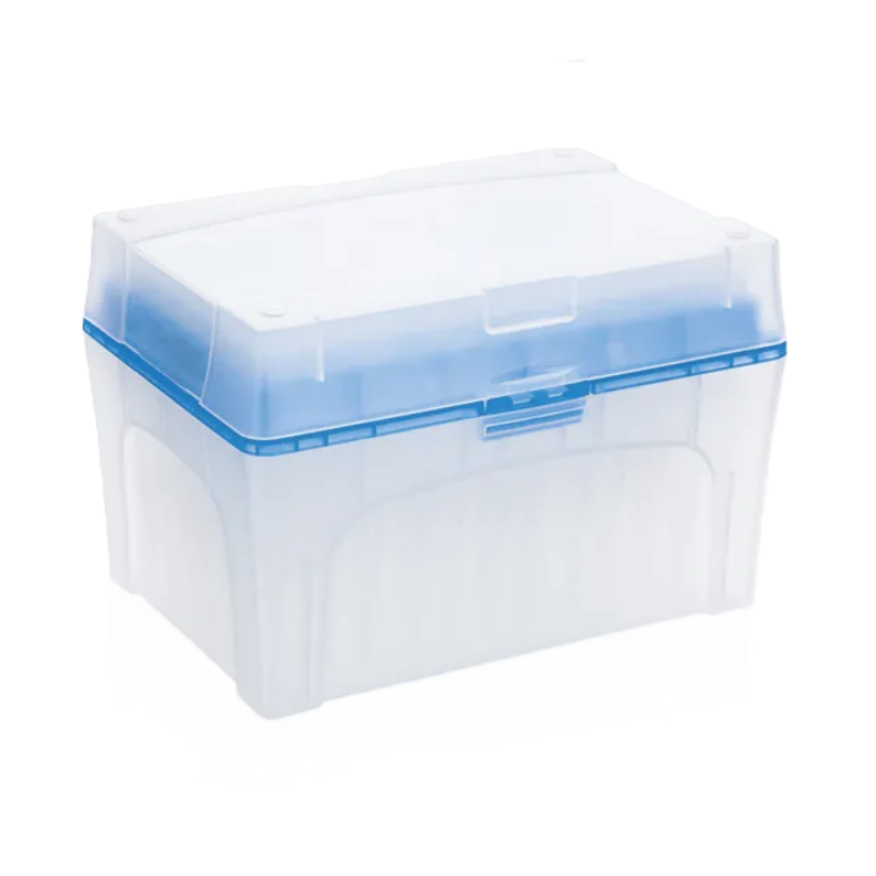 BT 732734 BrandTech BIO-CERT TipBox, Filtered, Sterile, Blue lid, 50-1000μL, 960 tips—rectangular storage box with latch closure, ideal for organizing sterile pipette tips. Shown on a plain white background.