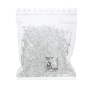 A clear resealable bag contains 1,000 BrandTech Bulk in Bag Tips (0.1-20μL, Nano-Cap); each pack has 2 bags for a total of 2,000 disposable tips—ideal for convenient bulk storage.