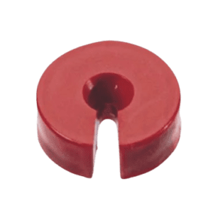 The Transferpettor Seal Mounting Block and Removal Tool, All Volumes (BrandTech), is a red plastic round tool with a central hole and a slot to the edge, displayed on a plain white background.