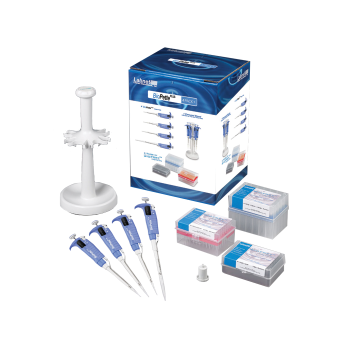 Biopette_Plus_4_Pack01 The BioPette Plus Pipette 4 Pack Starter Kit by Labnet includes pipettes (10μL, 20μL, 200μL, 1000μL), a white stand, tip boxes, and packaging—all arranged on a white background.