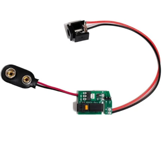 DR 4-000-076_ The Drummond Portable Pipet-Aid XP & XPress Wire Harness with Switch & Terminals features a 9V battery clip connector, a small green circuit board, and a black audio jack with red and black wires.