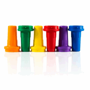 Six Drummond EZ Grip TC Nosepieces in assorted colors are arranged in a row on a reflective white surface—perfect for colorful displays or organized storage.