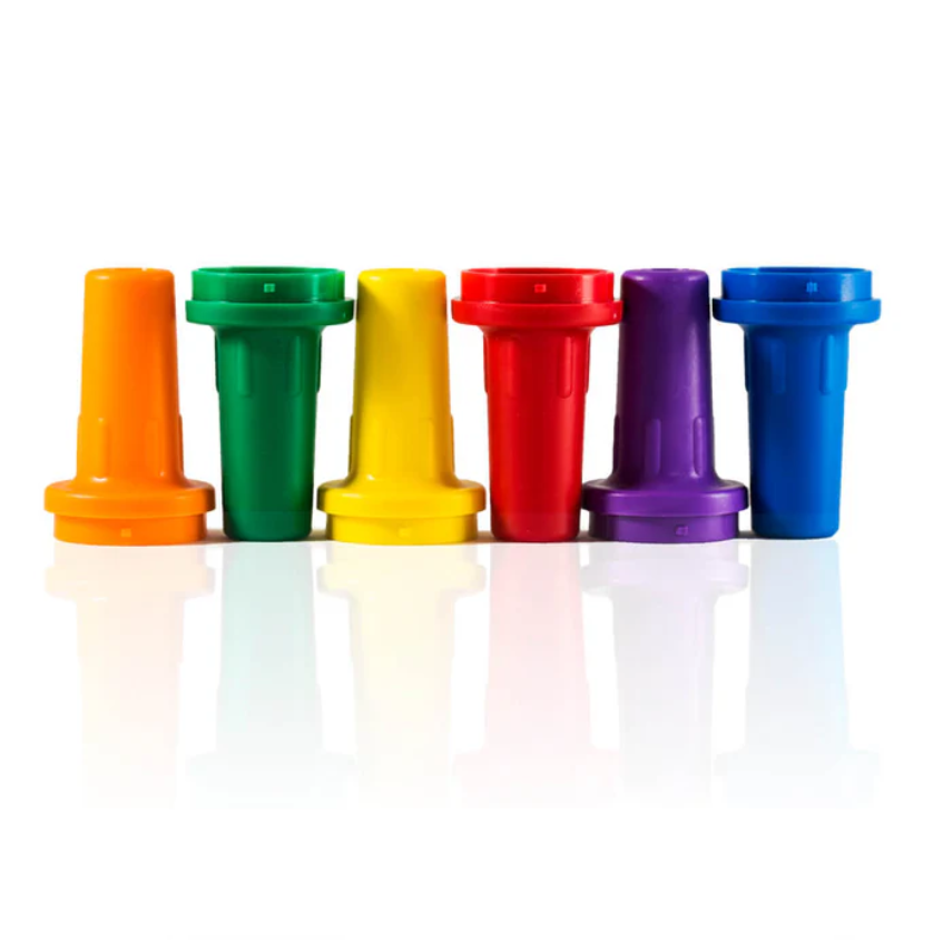 DR 4-000-079-Z_2 Six Drummond EZ Grip TC Nosepieces in assorted colors are arranged in a row on a reflective white surface—perfect for colorful displays or organized storage.