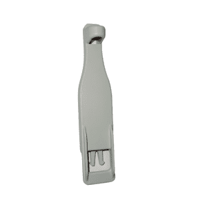 A gray plastic seat belt buckle holder with a curved top and slot for securing a seat belt, offering convenience similar to the Pipet-Aid Hood Mate Hose Support (Drummond).